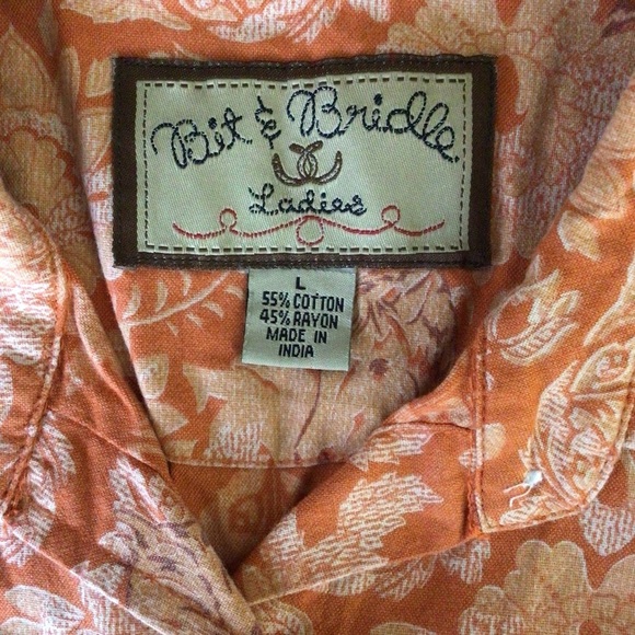 Bit & Bridle Orange Horse Print Button Down Short Sleeve Top - Size Large - Picture 5 of 6